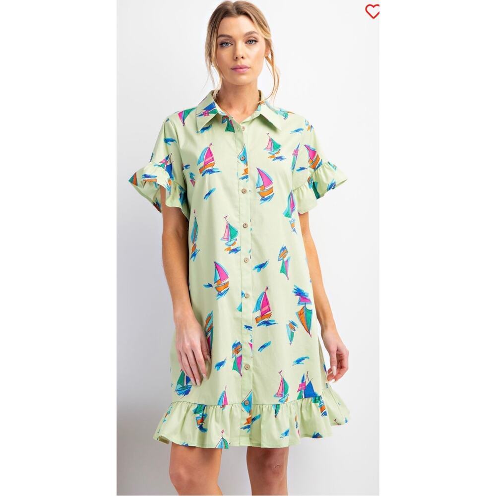 Easel - Sailboat Print Ruffle Shirt Dress - Medium